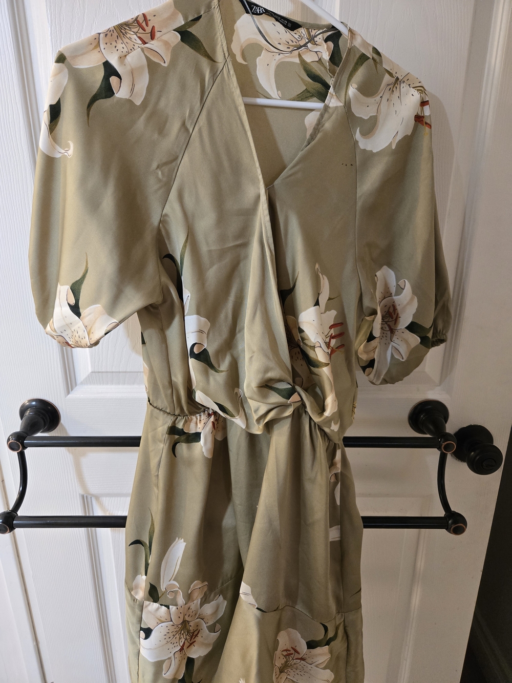 ZARA Olive Green Floral Wrap Dress with White Lilies
